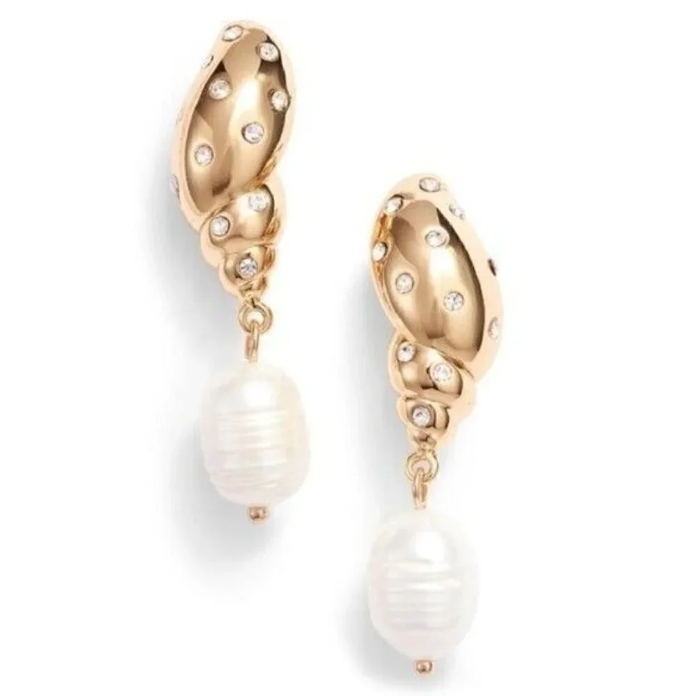 NWT Kate Spade Under the Sea Pave Gold Shell Freshwater Pearl Pierced Earrings